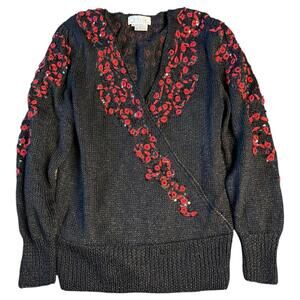Jenalis Black Red Sequin Floral Sweater Medium